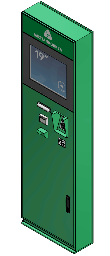Vihreä automaatti, jossa lukee ylhäällä Mustankorkea. Keskivaiheella on pankkikorttimaksamista varten näppäimet.