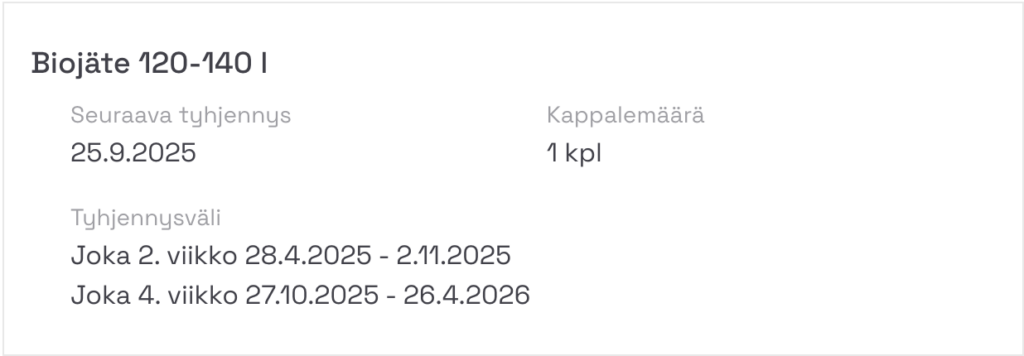 Kuvassa näkyy, että tyhjennyksissä on käytösssä kaksi eri rytmiä; 4 viikon välein ja 2 viikon välein.