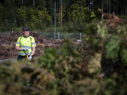 Huomiopaita päällä oleva nainen pitää lapiota kädessään. Edessä ja taustalla näkyy vihreitä oksia ja metsää.