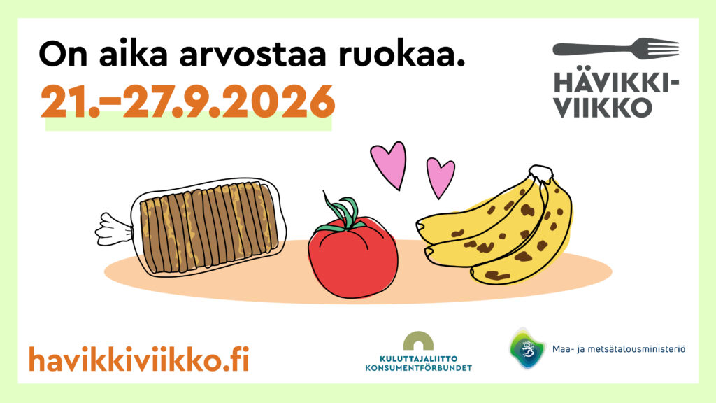 Hävikkiviikon kampanjakuva, jossa leipäpussi, tomaatti ja banaani.