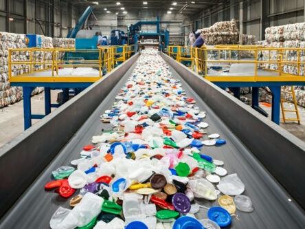 Liukuhihnalla näkyy pakkauksia, joissa ei ole tuote-etikettejä. Hihnan päässä on jokin kone ja sivuilla näkyy muovipaaleja. Kuva näyttää tekoälyllä tehdyltä.