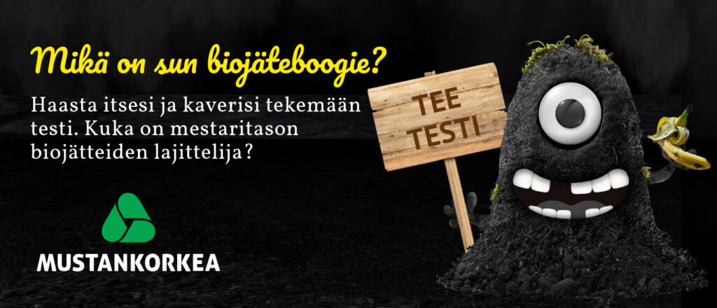 Musta hahmo kehoittaa tekemään testin ja kysyy, mikä on sun biojäteboogie?