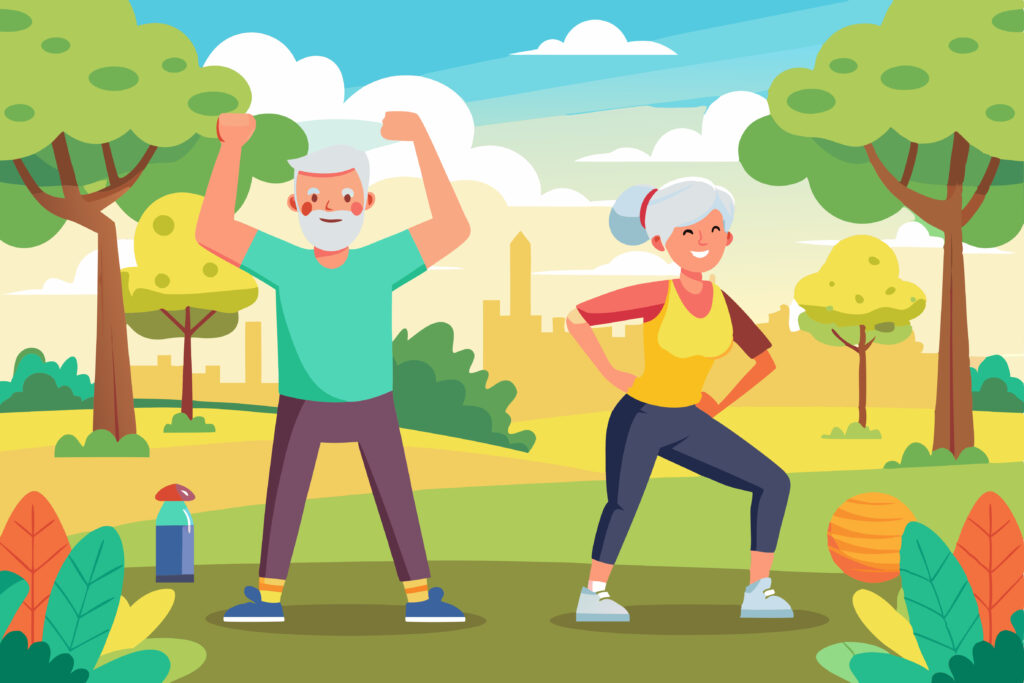 Kuvituskuva, jossa vanhempi mies ja nainen kuntoilevat.