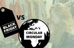 Circular Monday, kierrätysmaanantai, Black Friday ja taustalla näkyy nuori mies kirpiiksellä.