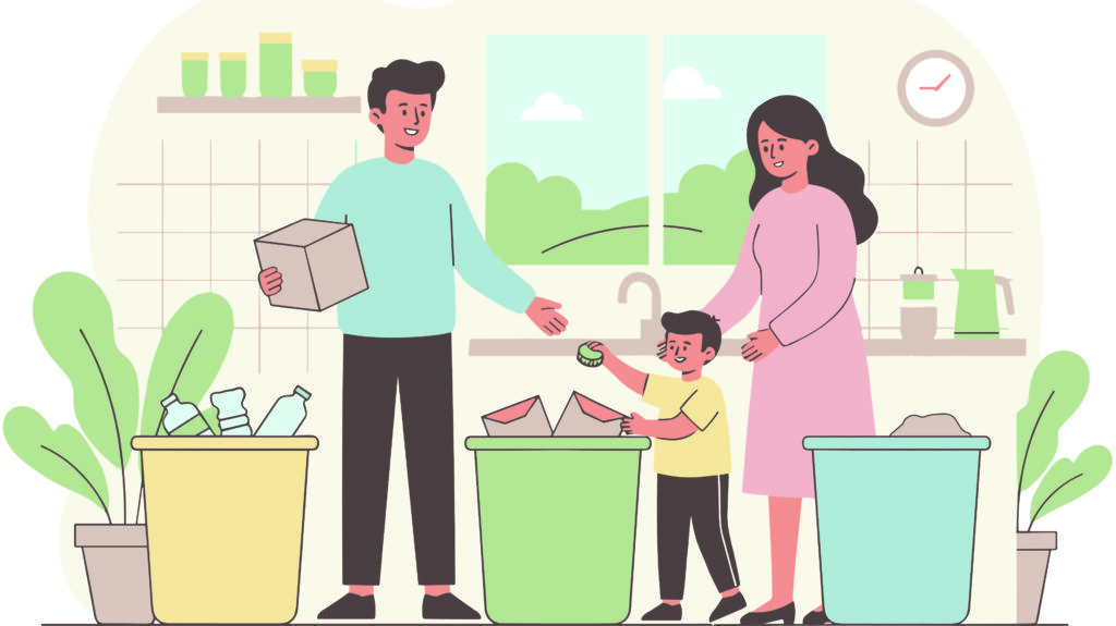Piirroskuva, jossa perheen äiti ja isä sekä lapsi lajittelevat roskia eri roskiksiin.