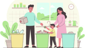 Piirroskuva, jossa perheen äiti ja isä sekä lapsi lajittelevat roskia eri roskiksiin.