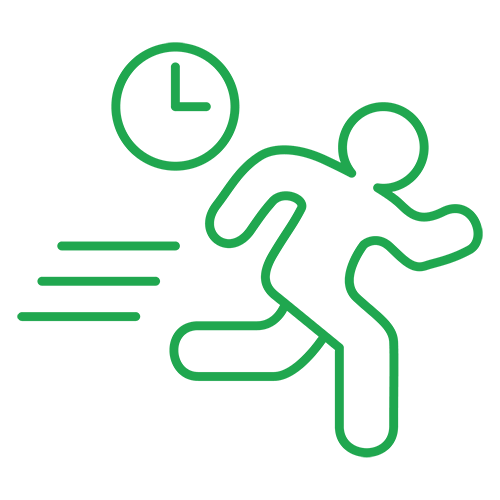 Piirroskuva, jossa ihmishahmo, kello ja vauhtiviivat.