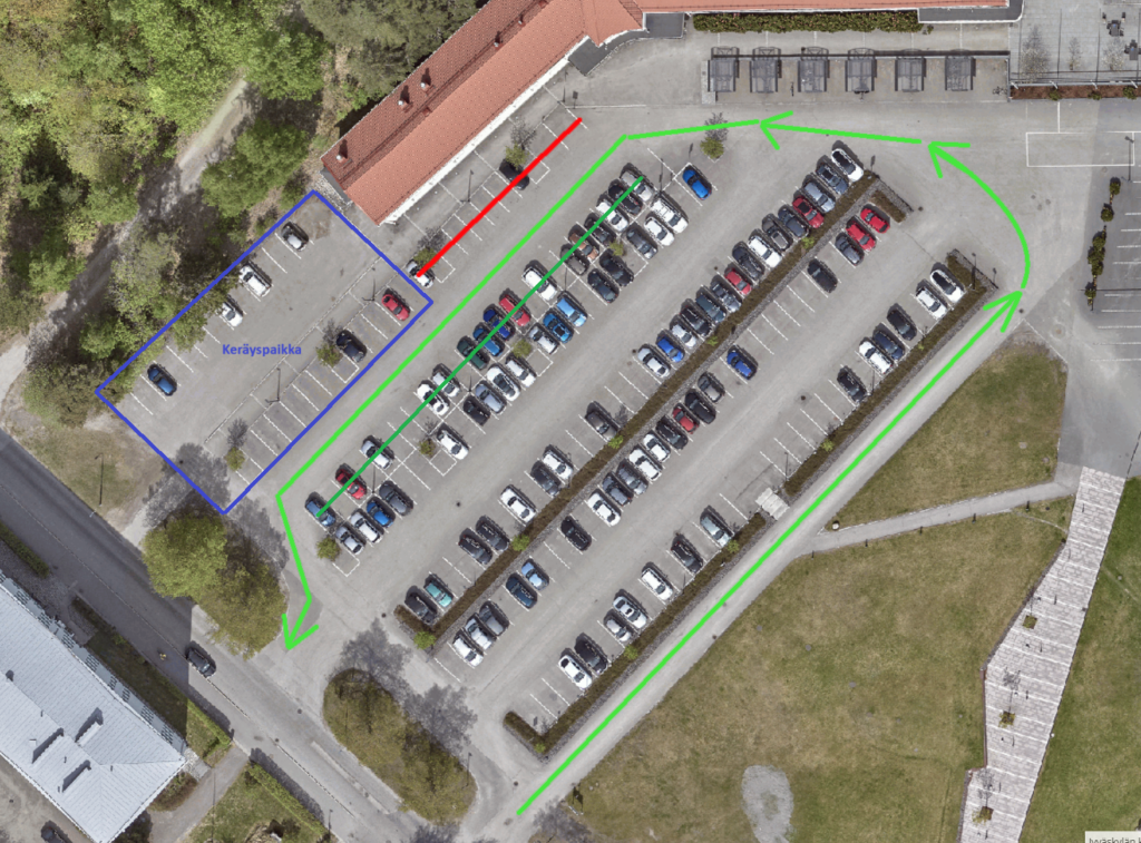Kuva parkkipaikasta, mihin piirretty nuolilla kulkusuuntaa.