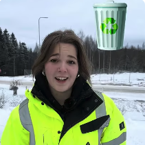 Nainen katsoo kameraan. Hänellä on päällään huomiovaatteet, on talvi ja oikeassa yläkulmassa on roskiksen kuva.